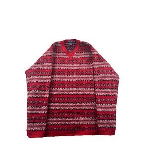 Nautica Fair Isle Wool Sweater Nordic Mens Medium Red V-Neck Knit Pullover‎